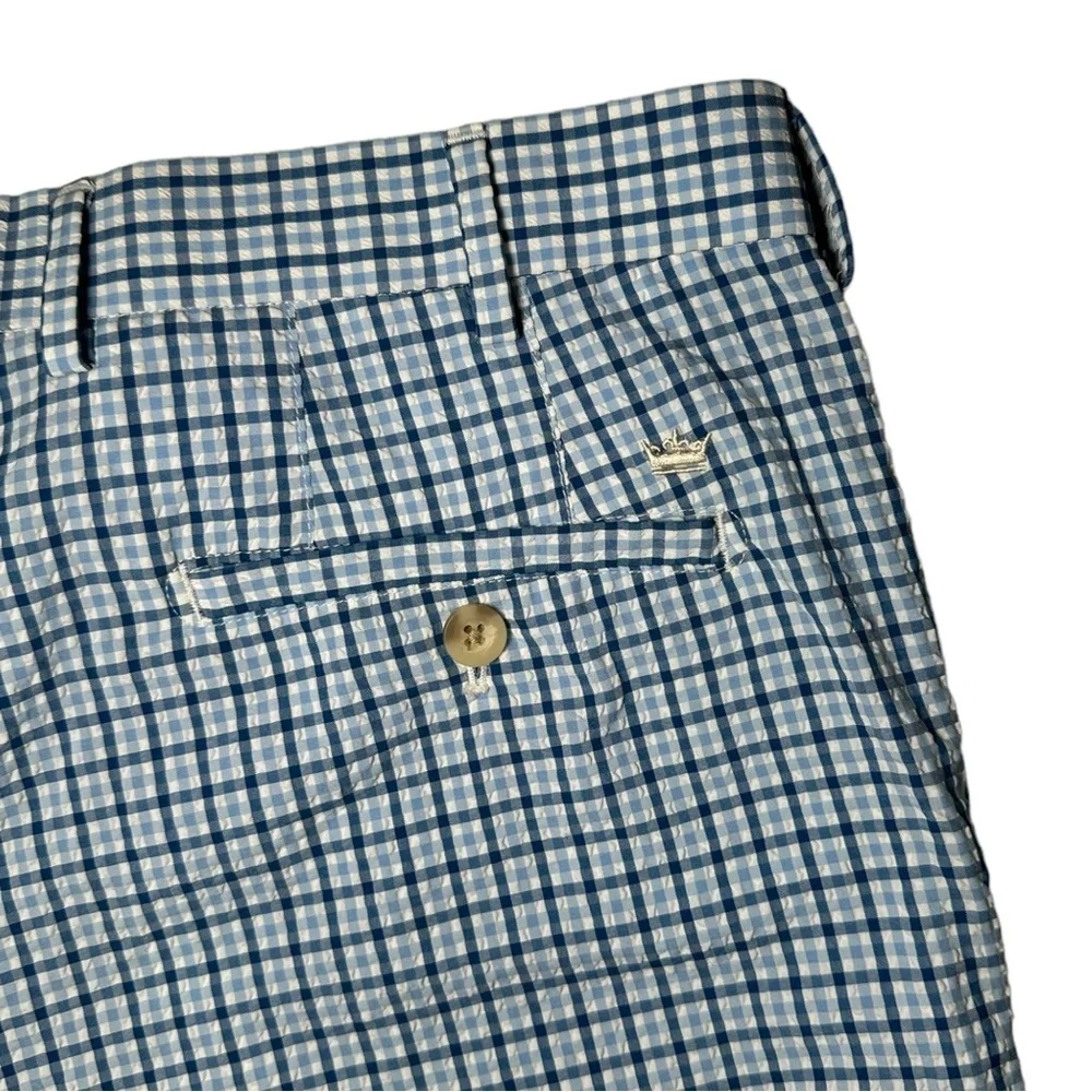 Peter Millar Crown Sport Lightweight Performance Seersucker Shorts Plaid Blue 34